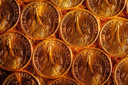 golden dollar coins backgroundの写真素材