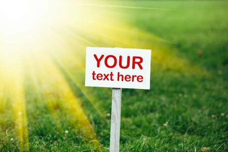 your text here banner on green grass background, yellow sunshineの写真素材