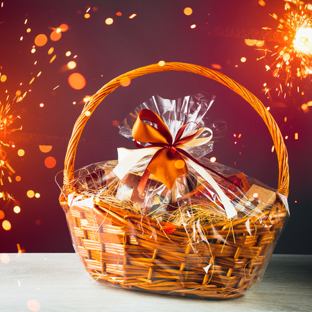 gift basket with festive sparklers particles