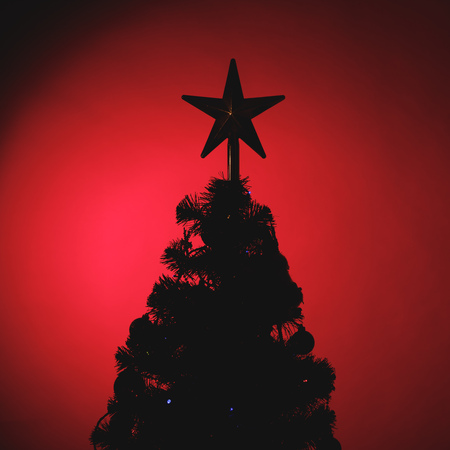 Christmas tree with festive star silhouette, red backgroundの写真素材