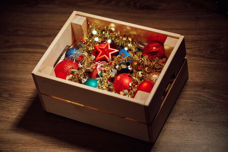 Christmas decorations stored in wooden boxの写真素材