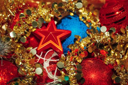 Christmas decorations mixed in storage boxの写真素材