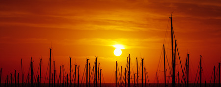 silhouettes of yacht masts, red sunrise in a port