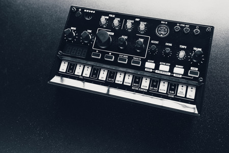 black analog synthesizer, close-up viewの写真素材