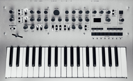 metallic analog synthesizer, close-up viewの写真素材