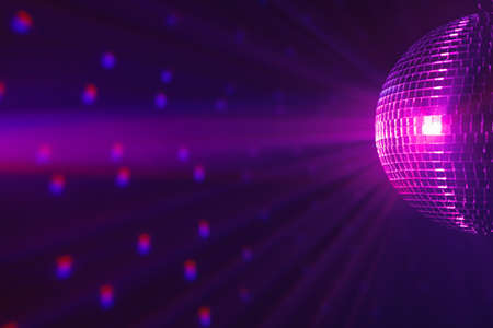 disco ball background with purple shiny rays in fog
