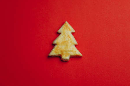 Christmas tree cookie on red paper backgroundの写真素材