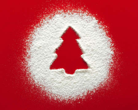 Christmas tree floury snow circle shape, red paper backgroundの写真素材