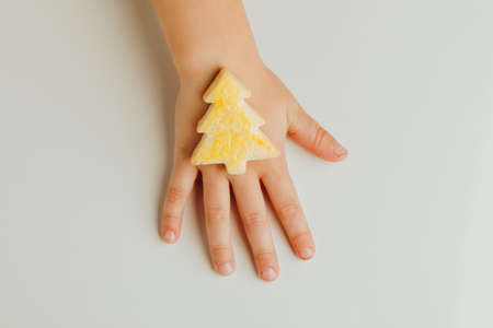 child holding a Christmas tree cookie in hand