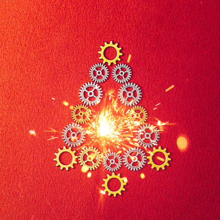 Christmas Tree gears with sparkler on red textured backgroundの写真素材