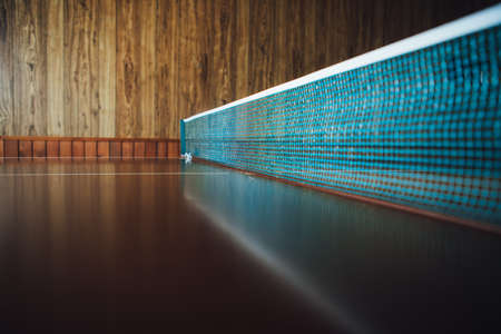 table tennis blue net with reflection, close-up view