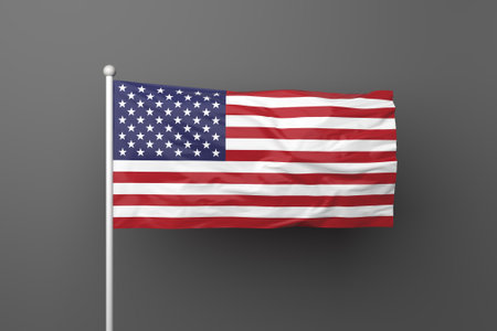 American flag on a pole, gray background with shadow, 3d illustrationの写真素材