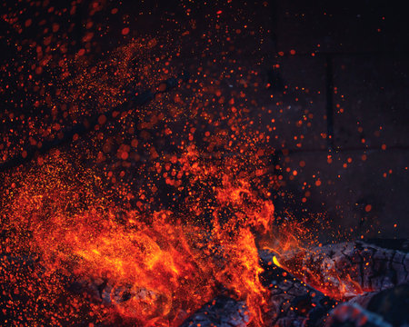 abstract fire sparks in fireplaceの写真素材