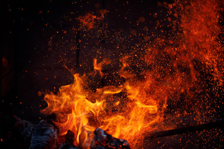 abstract fire sparks in fireplaceの写真素材