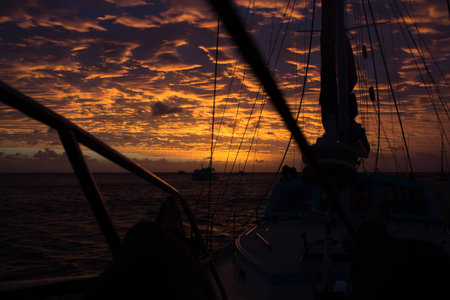 Colorful Sunset ankered down at Lizard Island, Queensland, Australiaの写真素材