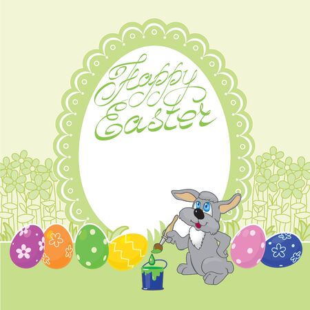Easter Bunny says congratulations  Easter rabbit paints egg  のイラスト素材