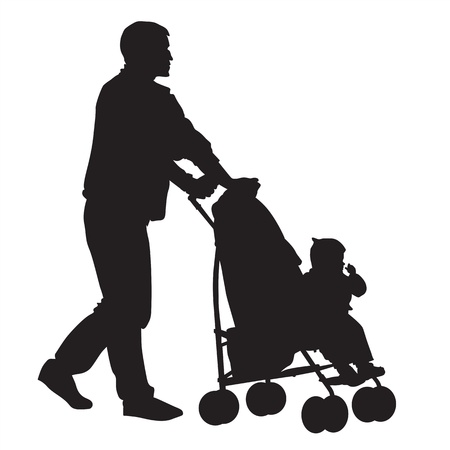 Father walking with a baby in a stroller.のイラスト素材
