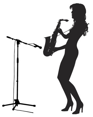 Girl saxophonist stands on the stage and playing the saxophoneのイラスト素材