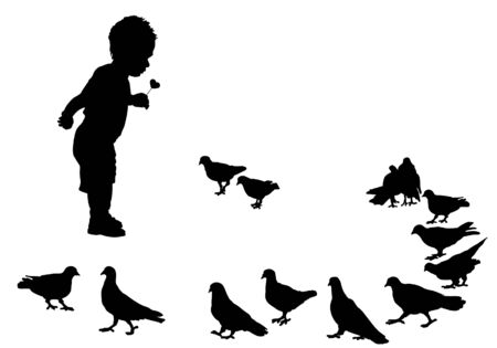 Child feeding pigeons on a walk in the city park.のイラスト素材