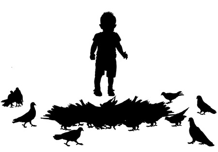 Child feeding pigeons on a walk in the city park.のイラスト素材
