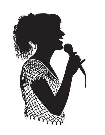 Girl singing with microphone on the stage, in the karaoke club.のイラスト素材