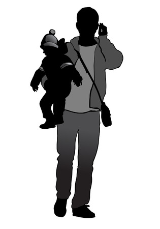 Father carries the child in her arms and talking on the phone.のイラスト素材