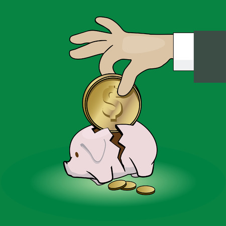 Pig piggy bank. Hand puts a coin in a piggy bank.のイラスト素材