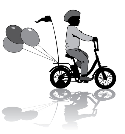A boy rides a bicycle with balloons.のイラスト素材