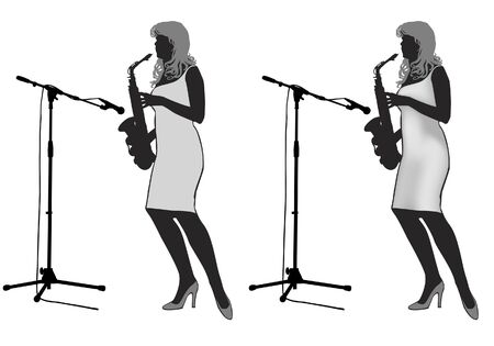 Girl saxophonist stands on the stage and playing the saxophoneのイラスト素材