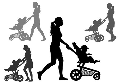 Mother rolls the baby in the stroller for a walk. Silhouette on a white backgroundのイラスト素材