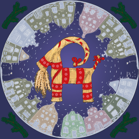 Traditional Swedish Christmas goat made of straw on a background of the old townのイラスト素材