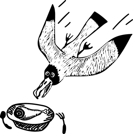 hungry seagull attacked a plate of foodのイラスト素材