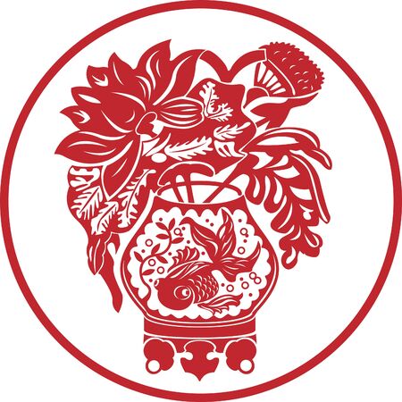 Peony flowers in a vase with fishのイラスト素材
