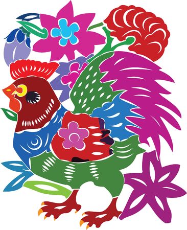 Rice paper clippings depicting a rooster among flowersのイラスト素材