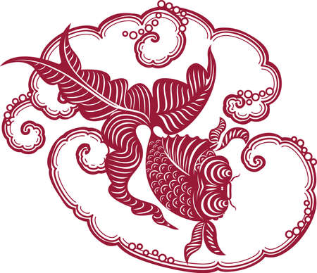Goldfish in the whirlpool of a mountain river. Simulated traditional Chinese paper cutのイラスト素材