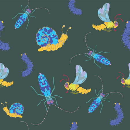 Vector seamless pattern with garden insects and snailsのイラスト素材