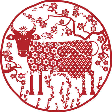 Imitation of traditional Chinese paper cut. Cheerful cow surrounded by blossoming sakura. vectorのイラスト素材