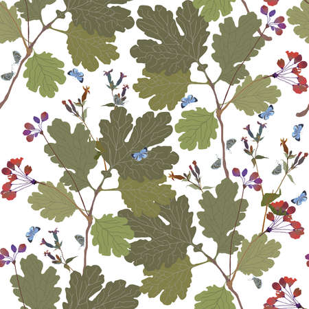 Seamless pattern with leaves and flowers of celandine, lungwort and butterflies. vectorのイラスト素材