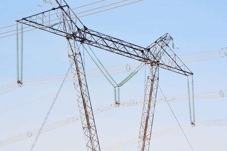 The high-voltage line passes through the winter forest-steppe of Altai
