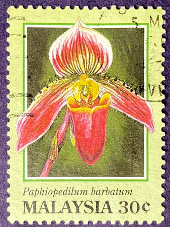 Orchid stamp collection. Some of the Orchids are native to regions in the tropical forest in Asia. Orchids are one of the favorite flowers among mothers in Malaysia. Malaysia stamp.の写真素材
