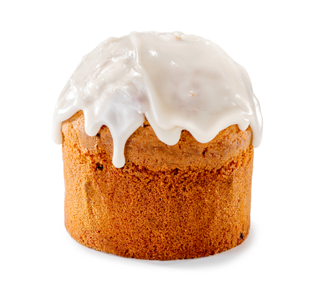 Liquid icing sugar coated holiday cake close-up isolated on white background