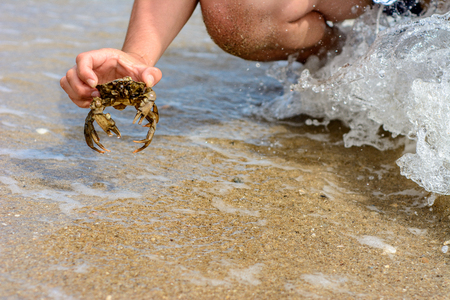 The waves wash the body of a man with a crab in his hands, a photo taken with the camera's short exposureの写真素材