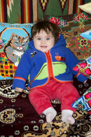 According to the Ukrainian national tradition, grandmothers always decorate the rooms of the house with embroidered itemsの写真素材