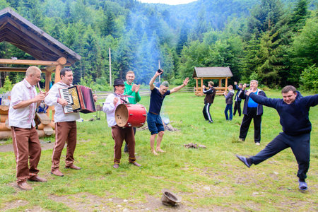 Musicians of the Carpathian tram, singing in Vyhoda, Ukraine, June 17, 2017のeditorial素材