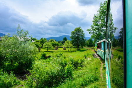In the Ukrainian Carpathians there is a narrow-thrusted train, which arranges a sightseeing tour of sightseeing places.の写真素材