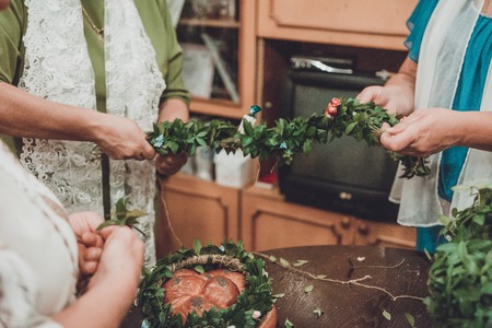 wedding details - a wreath from the leaves for the bridegroom 2019の写真素材
