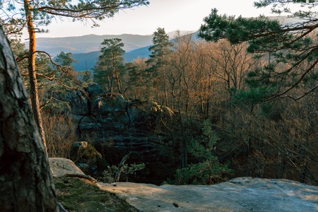 Dovbush Rocks Ukraine landscaped photos of autumn, trees without leaves 2019