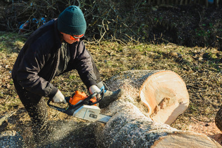 Dolyna, Ukraine, 25 February 2019. A woman carves a grass chisel saw tree from Stihl ms 180 for...