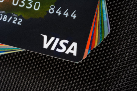 Lviv, Ukraine - 26 April 2019 : Close-up of Visa credit cards placed on a dark background 2020のeditorial素材