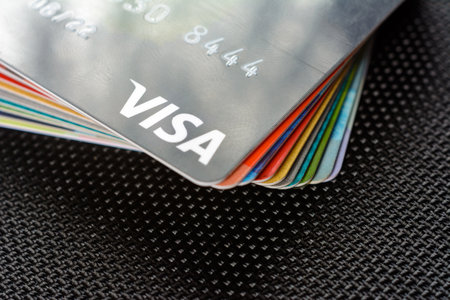Lviv, Ukraine - 26 April 2019 : Close-up of Visa credit cards placed on a dark backgroundのeditorial素材
